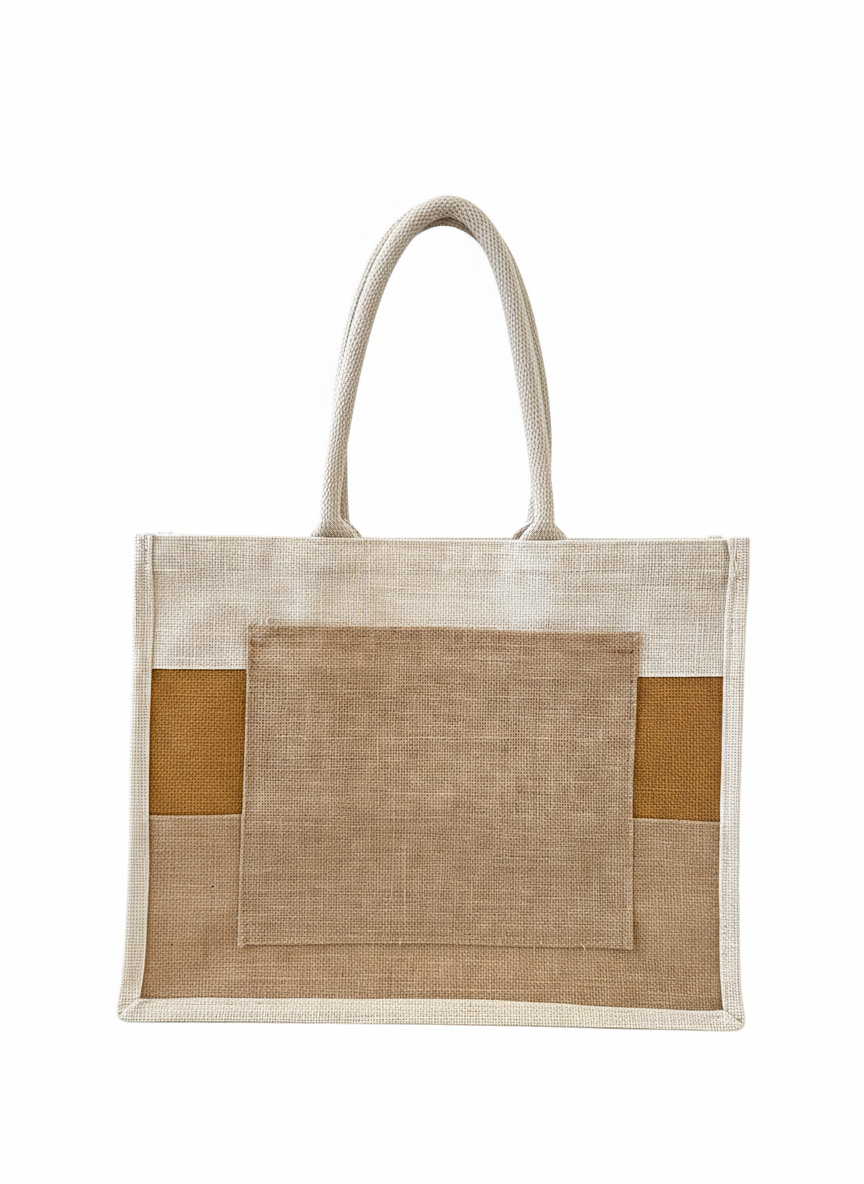 The Harmony Tote – Two-Tone Jute Bag with Front Pocket