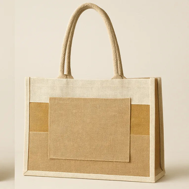 The Harmony Tote – Two-Tone Jute Bag with Front Pocket
